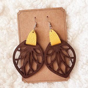 5/$25 Laser Engraved Wooden Leaf Design with Yellow Leather Earrings